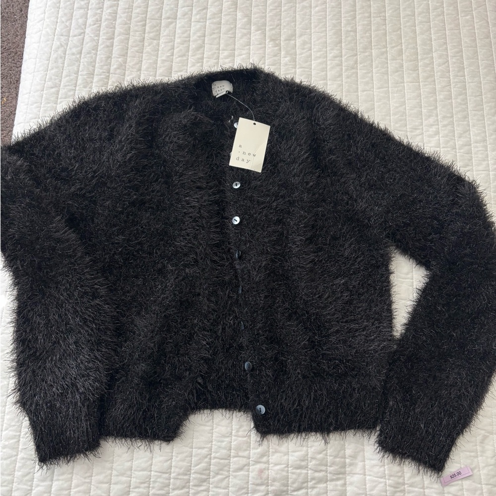a new day Black Fuzzy Button-Front Cardigan
